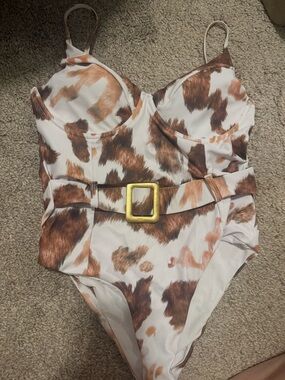 SHEIN White Cow-Print One-Piece with Gold Buckle